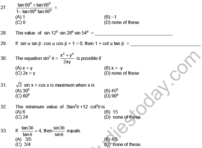 JEE Mathematics Trigonometric Functions MCQs Set A, Multiple Choice ...